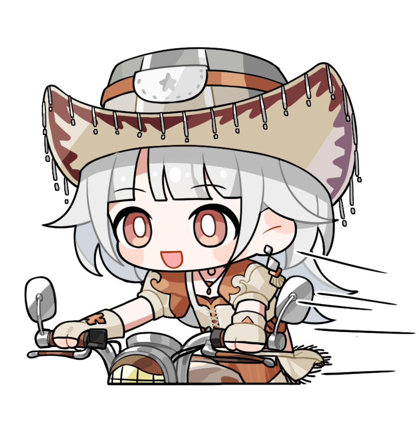 1girl adventure_ride_(infinity_nikki) artist_request blunt_bangs blush_stickers bright_pupils brown_eyes brown_gloves brown_pants brown_sleeves brown_vest chibi cowboy_hat cowgirl_(western) cropped_legs cropped_shirt cross-laced_clothes cross-laced_top earrings fingerless_gloves floating_clothes fringe_trim gloves grey_hair grey_hat happy hat infinity_nikki jewelry long_hair looking_ahead motion_lines motor_vehicle motorcycle necklace nikki_(series) official_art on_motorcycle open_mouth orange_shirt orange_shorts pants puffy_short_sleeves puffy_sleeves ribbon-trimmed_headwear ribbon_trim riding shirt short_sleeves shorts single_earring smile solo speed_lines star_(symbol) star_print tareme transparent_background two-sided_fabric two-sided_headwear two-tone_sleeves vest white_hat white_pupils