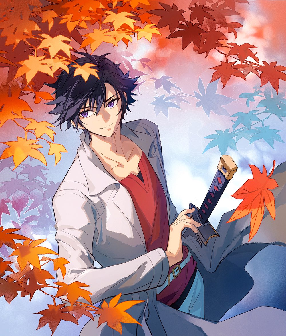 1boy black_hair coat eiyuu_densetsu feng_you hair_between_eyes kai_no_kiseki katana kuro_no_kiseki_(series) leaf male_focus maple_leaf open_clothes open_coat parted_bangs partially_shaded_face purple_eyes rean_schwarzer short_hair smile solo swept_bangs sword upper_body weapon