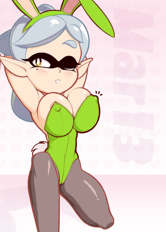 1girl animal_ears areola_slip black_pantyhose blush breasts covered_erect_nipples fake_animal_ears fake_tail green_leotard grey_hair inkling leotard marie_(splatoon) medium_breasts mole mole_under_eye nintendo one_eye_closed pantyhose playboy_bunny pointy_ears rabbit_ears rabbit_tail splatoon_(series) splatoon_1 strapless strapless_leotard supersegasonicss tail tentacle_hair yellow_eyes
