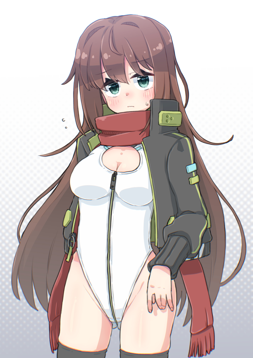 1girl alice_gear_aegis az:u battle_girl_high_school black_jacket black_thighhighs blue_eyes brown_hair brown_scarf circle_cutout cleavage_cutout clothing_cutout companion/af covered_collarbone cowboy_shot front_zipper full-length_zipper gluteal_fold gradient_background heattech_leotard highleg highleg_leotard highres jacket leotard long_hair looking_at_viewer misaki_(battle_girl_high_school) multicolored_leotard race_queen scarf sleeveless_turtleneck_leotard solo thighhighs turtleneck two-tone_leotard white_background white_leotard zipper zipper_leotard zipper_pull_tab