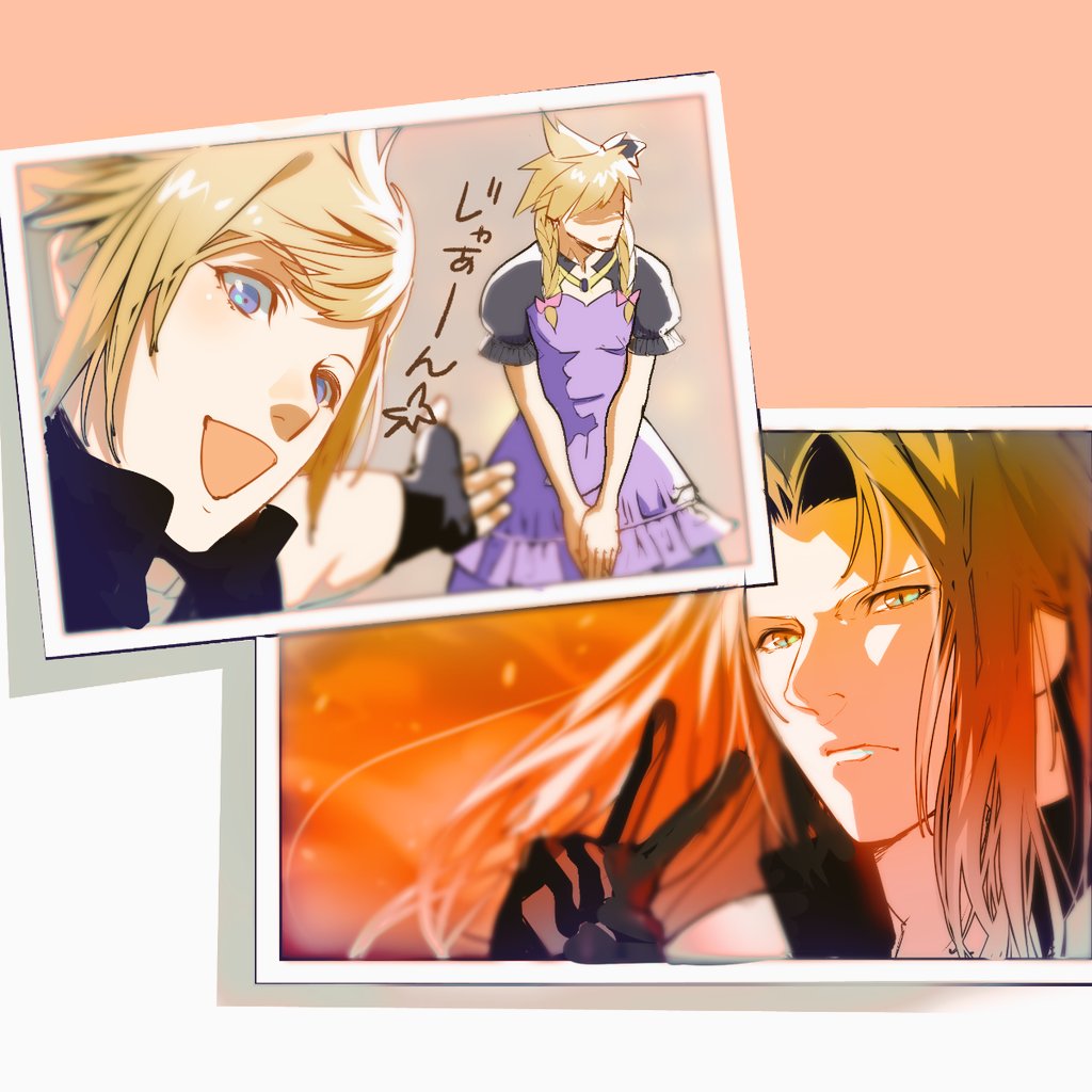 3boys armor black_gloves black_jacket blonde_hair blue_eyes blurry braid cloud_strife cloud_strife_(ball_gown) commentary_request crossdressing depth_of_field dress final_fantasy final_fantasy_vii final_fantasy_vii_remake final_fantasy_xv fingerless_gloves fire gloves green_eyes high_collar in-franchise_crossover jacket jewelry long_dress long_hair male_focus marehito medium_hair multiple_boys necklace open_mouth outstretched_arm own_hands_together parted_bangs pauldrons photo_(object) prompto_argentum puffy_short_sleeves puffy_sleeves purple_dress sephiroth serious shaded_face short_sleeves shoulder_armor slit_pupils smile solo spiked_hair standing translation_request twin_braids v