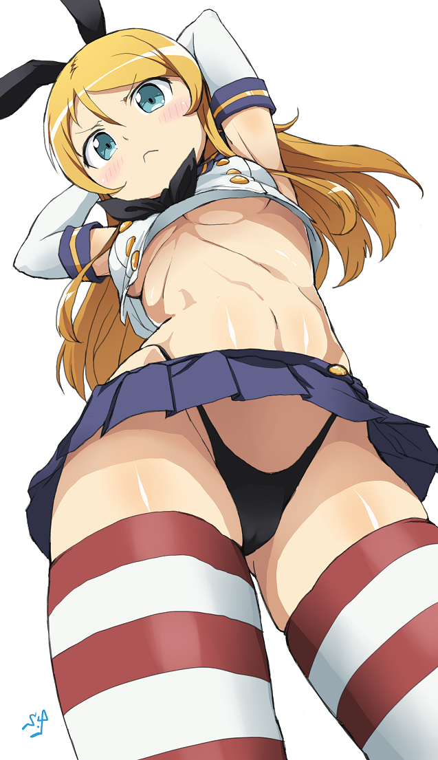 1girl :c armpits arms_up black_panties blonde_hair blue_eyes blush breasts commentary_request cosplay cowboy_shot crossover crotch elbow_gloves female_focus foreshortening from_below gloves hair_ribbon highleg highleg_panties kantai_collection kousaka_kirino long_hair looking_at_viewer midriff miniskirt navel no_bra ore_no_imouto_ga_konna_ni_kawaii_wake_ga_nai panties pleated_skirt ribbon school_uniform serafuku shift_(waage) shimakaze_(kancolle) shimakaze_(kancolle)_(cosplay) skirt small_breasts solo striped_clothes striped_thighhighs thighhighs thighs underboob underwear upshirt upskirt v-shaped_eyebrows white_gloves