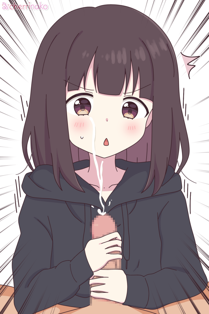 1boy 1girl aged_down blush brown_hair censored cherrinako cum ejaculation erection hetero looking_at_penis masturbation motion_lines nanase_kurumi_(menhera-chan) nose open_mouth shadow speed_lines spread_legs wet white_background