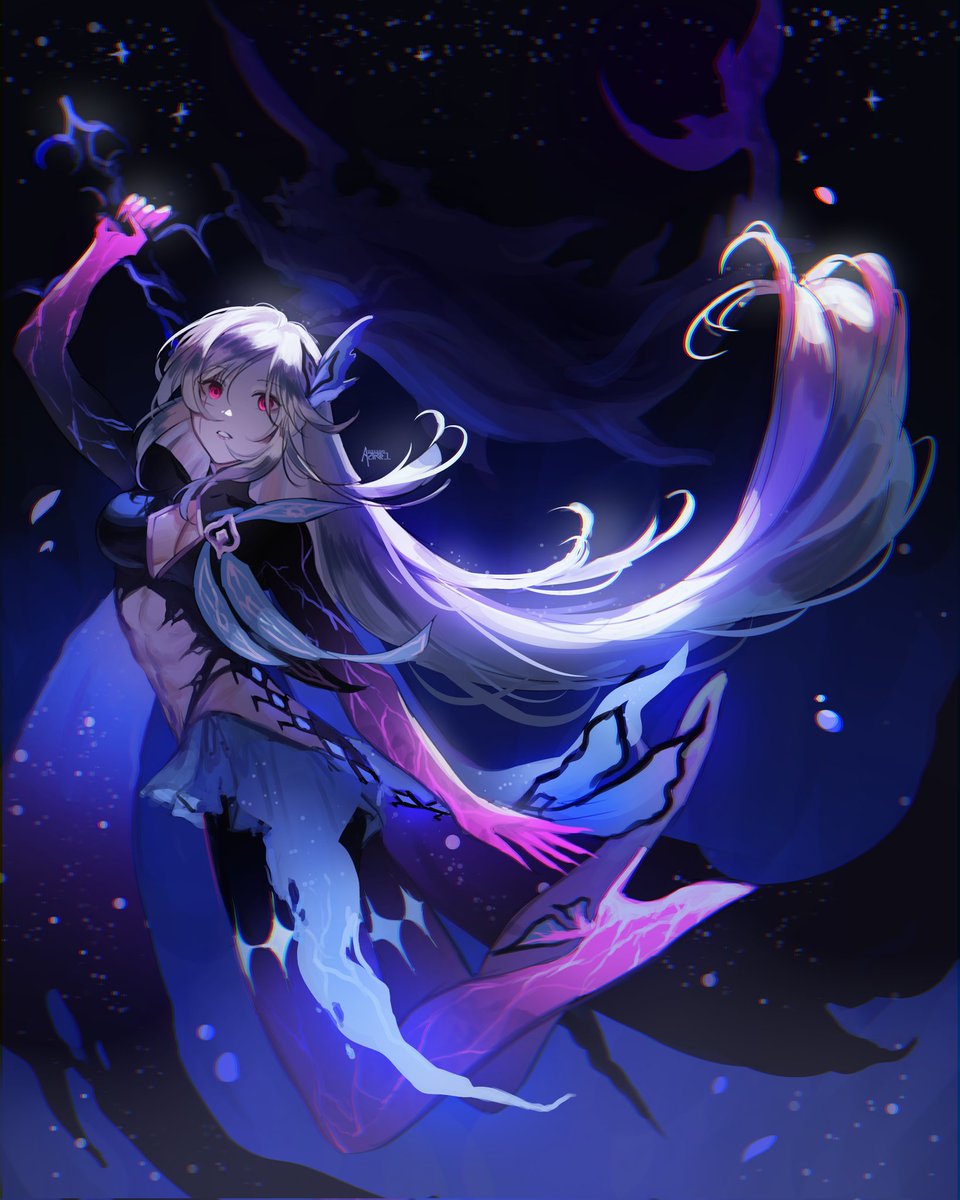 1girl alternate_costume arm_up breasts commentary english_commentary fins full_body galaxy_background genshin_impact gloves grey_hair hair_between_eyes hair_ornament highres holding holding_sword holding_weapon long_hair looking_at_viewer medium_breasts navel parted_lips purple_gloves red_eyes skirk_(genshin_impact) solo star_(symbol) star_print starbights sword very_long_hair weapon whale