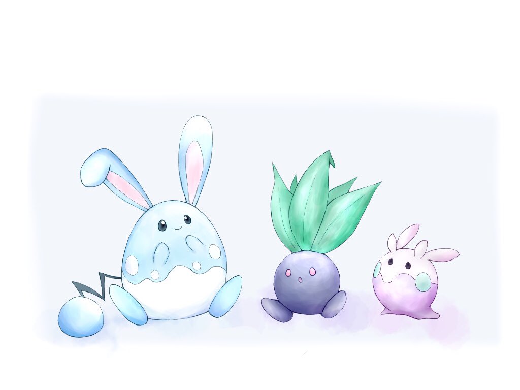 :o azumarill black_eyes blue_skin closed_mouth colored_skin commentary_request fireblast gen_1_pokemon gen_2_pokemon gen_6_pokemon goomy leaf nintendo no_humans oddish pokemon pokemon_(creature) purple_skin red_eyes simple_background sitting slug smile solid_oval_eyes tail white_background