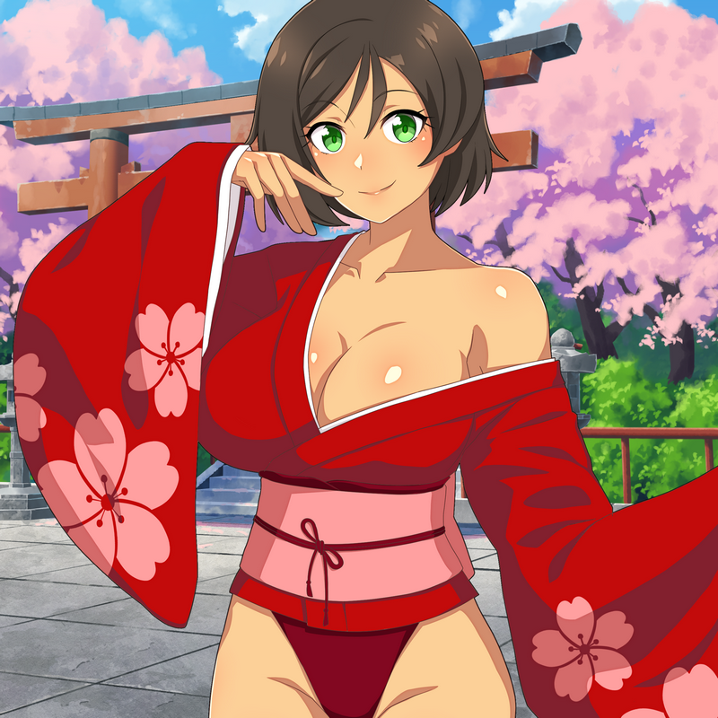 1girl blue_sky breasts brown_hair challengia cloud cloudy_sky collarbone dark-skinned_female dark_skin day honchan japanese_clothes kimono large_breasts looking_at_viewer nchans nchans_style obi official_art orcaleon red_kimono red_obi sash short_hair sky smile torii