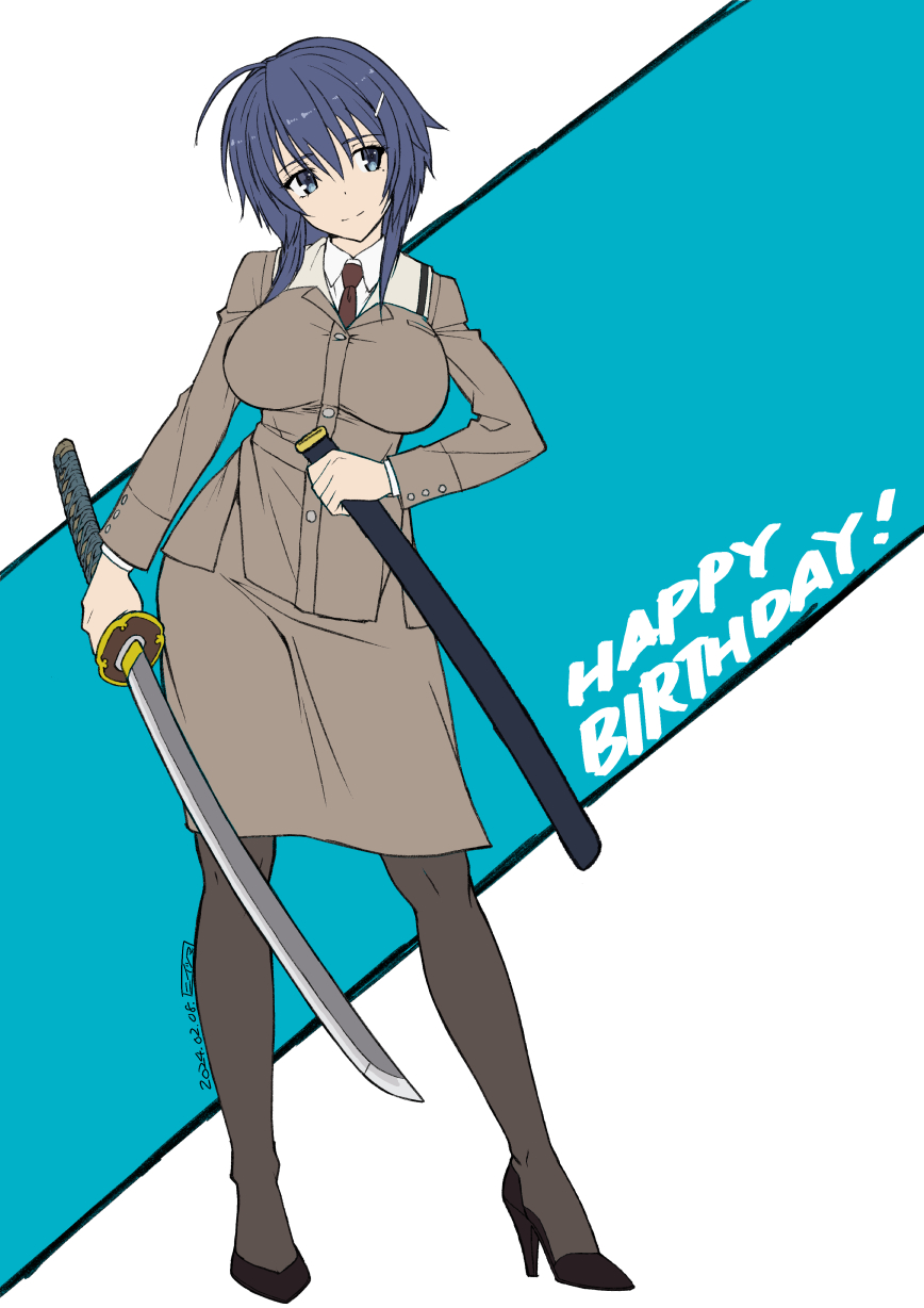 1girl ahoge black_shoes blue_eyes blue_hair breasts brown_jacket brown_necktie brown_skirt closed_mouth collared_shirt commentary_request contrapposto dated full_body grey_pantyhose hair_between_eyes hair_ornament hairclip happy_birthday high_heels highres holding holding_sheath holding_sword holding_weapon jacket katana large_breasts long_sleeves necktie niitsuma_daisuke_(animator) pantyhose pencil_skirt setouchi_chie sheath shirt shoes sidelocks simple_background skirt smile solo standing sword toji_no_miko weapon white_shirt