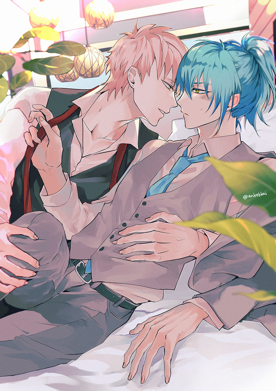 2boys alternate_costume alternate_hairstyle ankekkai bed bed_sheet belt belt_buckle black_belt black_vest blonde_hair blue_hair blue_necktie blurry blush buckle clothes_grab collarbone collared_shirt couple dramatical_murder dress_shirt eye_contact formal_clothes green_eyes grey_jacket grey_pants grey_vest hair_between_eyes hand_on_another&#039;s_chest hand_on_another&#039;s_leg hand_on_another&#039;s_stomach highres imminent_kiss indoors jacket leaf leg_grab long_sleeves looking_at_another lying male_focus multiple_boys necktie necktie_grab neckwear_grab noiz_(dramatical_murder) on_bed on_side pants parted_lips plant ponytail seragaki_aoba shirt short_hair sitting sweatdrop twitter_username undone_necktie undressing_another vest white_shirt window yaoi yellow_eyes