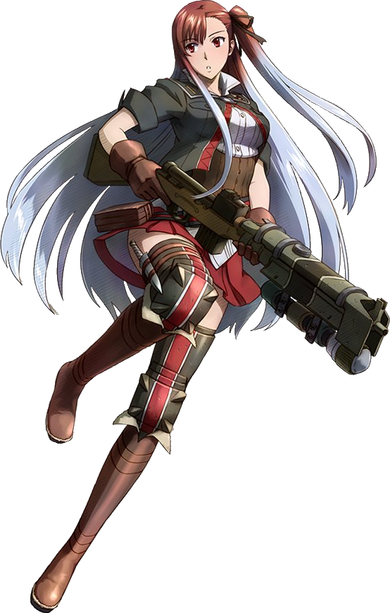 00s 10s 1girl black_ribbon brown_eyes brown_gloves brown_hair female_focus full_body gloves gun hair_ribbon holding holding_gun holding_weapon knife matching_hair/eyes military military_uniform multicolored_hair one_side_up pleated_skirt red_skirt ribbon riela_marcellis rifle senjou_no_valkyria senjou_no_valkyria_(series) senjou_no_valkyria_3 silver_hair skirt solo transparent_background two-tone_hair weapon