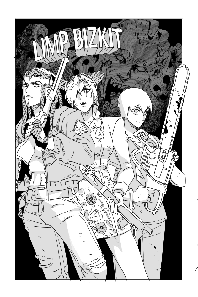 3girls antique_firearm belt blood blood_on_clothes braid braided_ponytail breasts caplock chainsaw character_name denim double_bun dreadlocks dress ermes_costello fingerless_gloves firearm firelock foo_fighters_(jojo) forehead_tattoo gloves gun hair_bun hair_over_one_eye holding holding_chainsaw holding_gun holding_weapon jacket jeans jeonjin_(mynamebazin) jojo_no_kimyou_na_bouken jolyne_fly_high_with_gucci kuujou_jolyne lever_action limp_bizkit_(stand) medical_scrubs medium_breasts midriff multicolored_hair multiple_girls navel open_clothes open_jacket open_mouth pants parody poster_parody serious short_dress short_hair smile stand_(jojo) stone_ocean torn_clothes torn_pants two-tone_hair weapon zombieland_(movie)