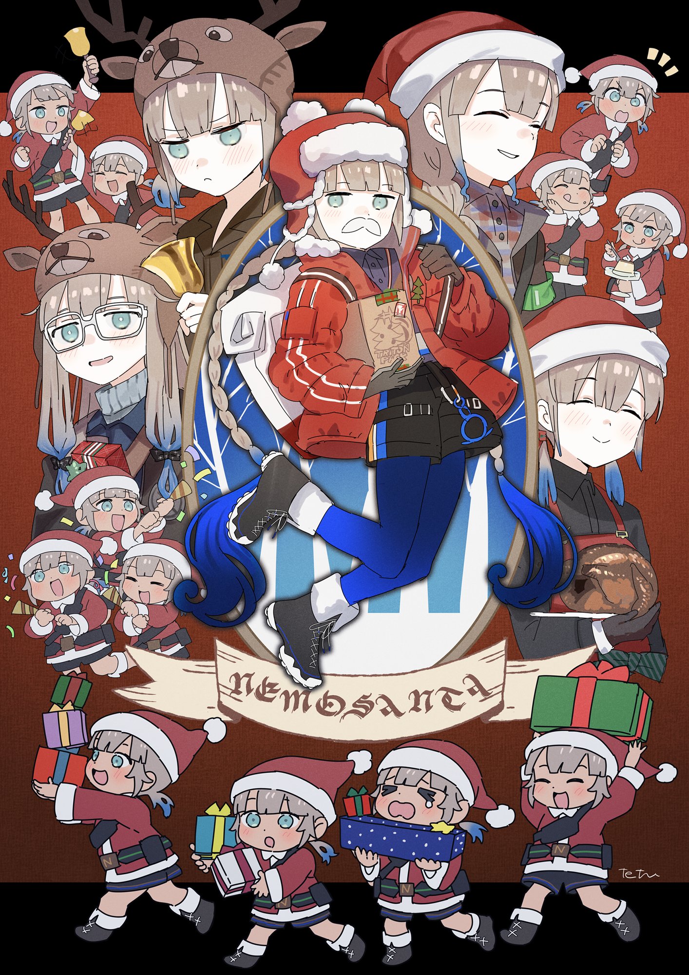 2girls 2others 6+boys antlers apron baker_nemo_(fate) baker_nemo_(santa)_(fate) bell black_shirt blonde_hair blue_hair box braid captain_nemo_(fate) captain_nemo_(santa)_(fate) christmas closed_eyes collared_shirt confetti dress_shirt engineer_nemo_(fate) engineer_nemo_(santa)_(fate) facial_hair fate/grand_order fate_(series) food fur-trimmed_headwear fur_hat fur_trim gift gift_box glasses gradient_hair green_eyes grin hair_ribbon hat highres holding holding_party_popper holding_spoon horns low-tied_sidelocks low_twin_braids low_twintails marine_nemo_(fate) marine_nemo_(santa)_(fate) multicolored_hair multiple_boys multiple_girls multiple_others mustache nemo_(fate) nurse_nemo_(fate) nurse_nemo_(santa)_(fate) party_popper professor_nemo_(fate) professor_nemo_(santa)_(fate) red_headwear reindeer_hat ribbon santa_costume santa_hat shirt sidelocks simple_background single_braid smile spoon tetsu_(teppei) turkey_(food) twin_braids twintails ushanka