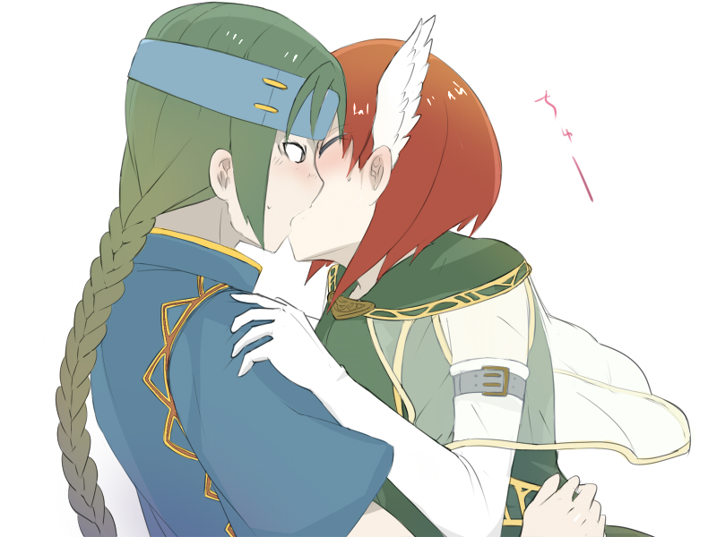 1boy 1girl bad_id bad_pixiv_id blush bob_cut braid closed_eyes elbow_gloves fire_emblem fire_emblem:_the_blazing_blade gloves green_hair guy_(fire_emblem) head_wings hetero kiss nintendo priscilla_(fire_emblem) red_hair shiina_maru short_hair wings
