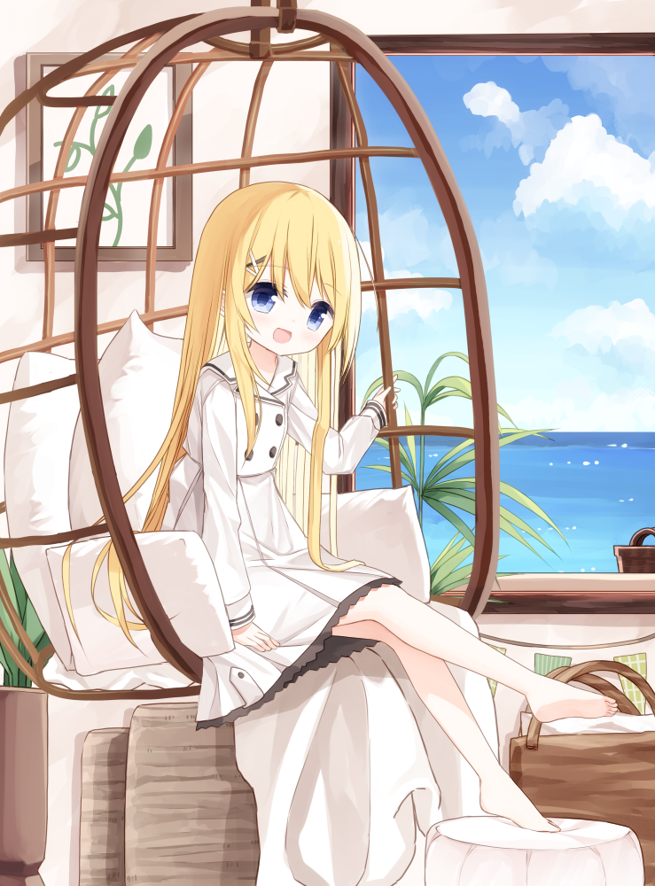 1girl :d barefoot blonde_hair blue_eyes blue_sky blush cloud cloudy_sky day dress flower_girl_(yuuhagi_(amaretto-no-natsu)) hair_between_eyes hair_ornament hairclip horns indoors long_hair long_sleeves looking_at_viewer ocean open_mouth original pillow pleated_dress sky sleeves_past_wrists smile soles solo very_long_hair water white_dress x_hair_ornament yuuhagi_(amaretto-no-natsu)