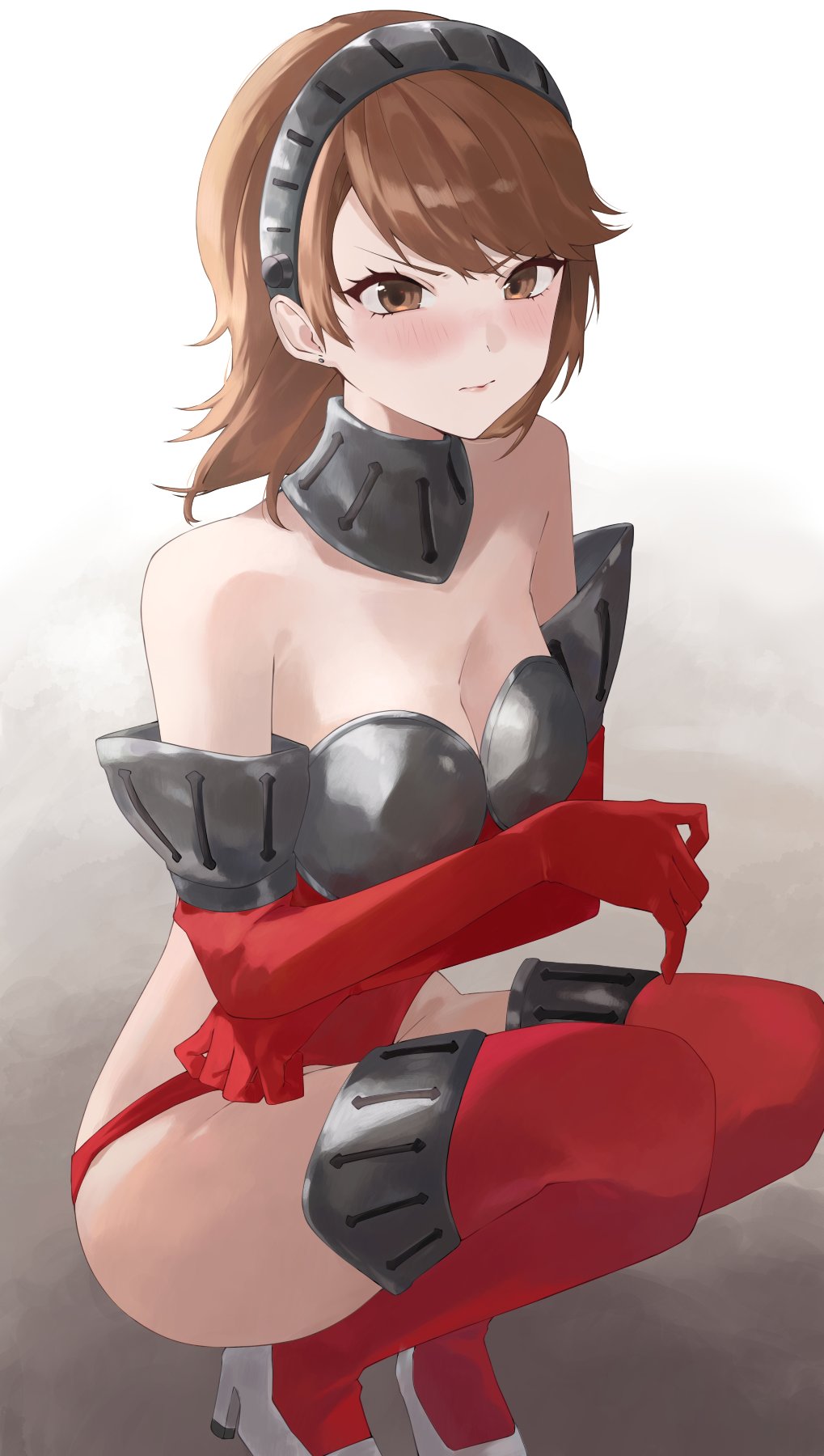 1girl armor armored_leotard arms_under_breasts bare_shoulders bikini bikini_armor blush boobplate boots breastplate breasts brown_eyes brown_hair cleavage closed_mouth commentary earrings elbow_gloves embarrassed gloves gradient_background high-cut_armor_(persona) high_heel_boots high_heels highleg highleg_bikini highres jewelry konchi_(63438789) leotard looking_at_viewer medium_breasts medium_hair metal_hairband official_alternate_costume persona persona_3 red_gloves red_thighhighs solo squatting strapless strapless_leotard stud_earrings swimsuit takeba_yukari thigh_boots thighhighs visor_(armor)