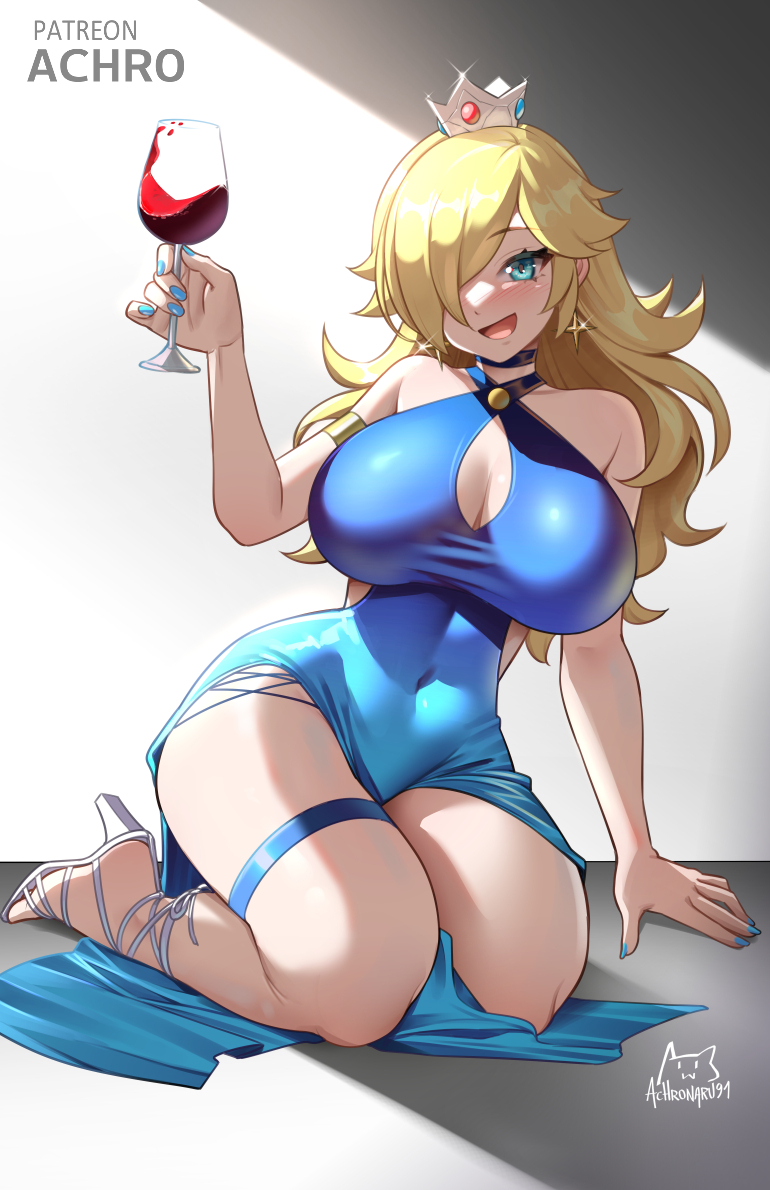 1girl achromaru alcohol alternate_breast_size bare_shoulders blonde_hair blue_eyes blush breasts crown cup dress drinking_glass earrings hair_over_one_eye holding jewelry large_breasts long_hair looking_at_viewer mario_(series) nintendo open_mouth rosalina simple_background smile solo star_(symbol) star_earrings super_mario_galaxy wine wine_glass