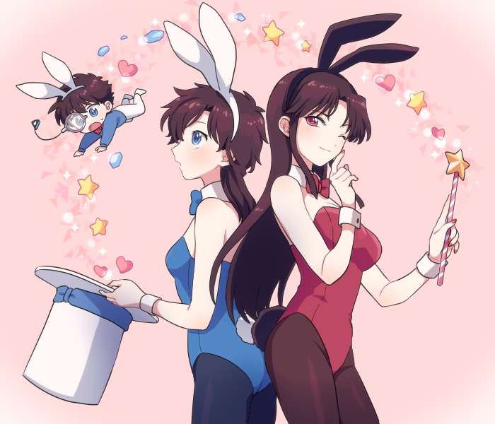 1boy 2girls akiyoshi_(tama-pete) animal_ears back-to-back bare_shoulders blue_bow blue_bowtie blue_eyes blue_leotard blue_pantyhose bow bowtie breasts brown_hair chibi cleavage commentary fake_tail hat heart holding holding_unworn_clothes holding_unworn_hat holding_wand kaitou_kid koizumi_akako kuroba_kaito leotard long_hair looking_at_another looking_at_viewer magic_kaito medium_breasts monocle monocle_chain multiple_girls nakamori_aoko one_eye_closed pantyhose parted_bangs playboy_bunny rabbit_ears rabbit_tail red_bow red_bowtie red_eyes red_nails red_pantyhose short_hair side_part small_breasts smirk star_(symbol) strapless strapless_leotard tail top_hat unworn_hat unworn_headwear wand wrist_cuffs