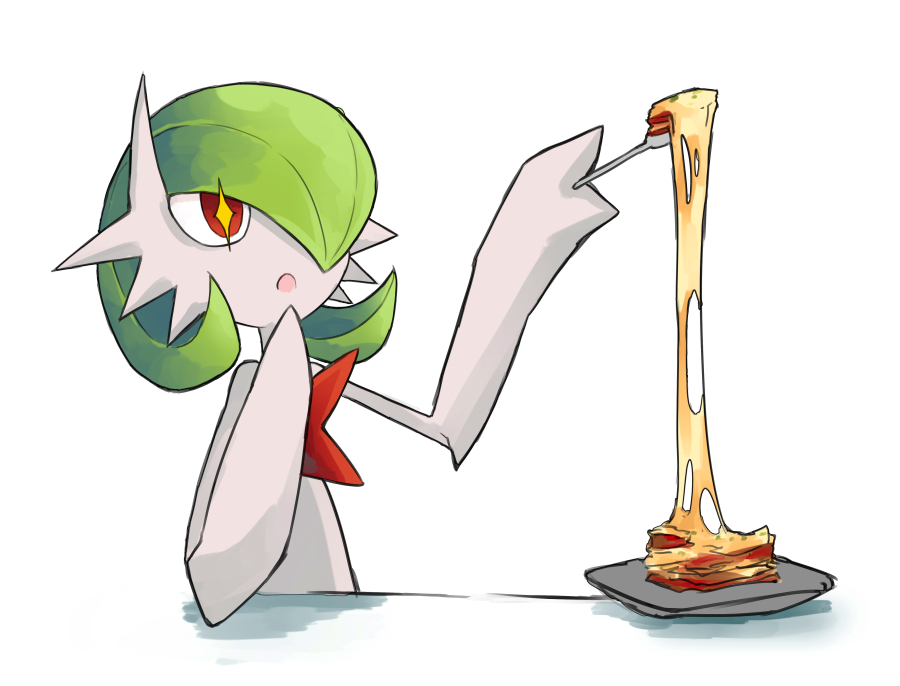 bob_cut cheese cheese_trail colored_skin dmt_(auburn) dress food gardevoir gen_3_pokemon green_hair hair_over_one_eye mega_gardevoir mega_pokemon nintendo open_mouth plate pokemon pokemon_(creature) simple_background sparkling_eyes white_background white_dress white_skin