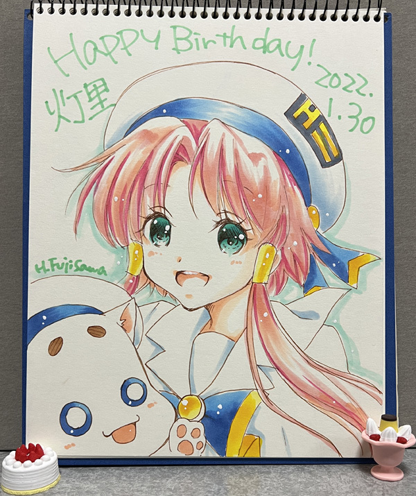 1girl aria_(manga) aria_company_uniform aria_pokoteng artist_name beret blue_bow blue_bowtie blush bow bowtie cat character_name dated gold_trim green_eyes hair_tubes happy_birthday hat hat_ribbon looking_at_viewer mizunashi_akari open_mouth parted_bangs photo_(medium) pink_hair ribbon sailor_collar short_hair_with_long_locks signature simple_background takamune traditional_media upper_body white_cat white_hat