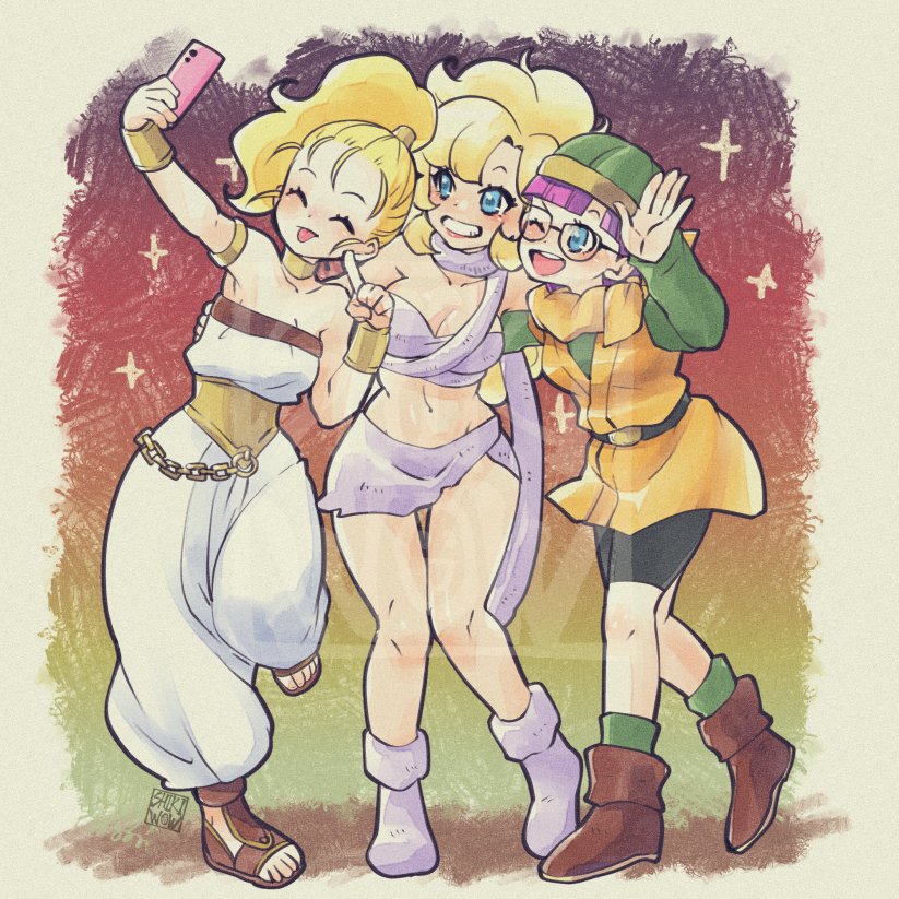 3girls ayla_(chrono_trigger) belt bike_shorts blonde_hair blue_eyes breasts cellphone chrono_trigger full_body glasses helmet holding holding_phone long_hair lucca_ashtear marle_(chrono_trigger) multiple_girls one_eye_closed open_mouth phone ponytail purple_hair scarf selfie shikiwo short_hair smile