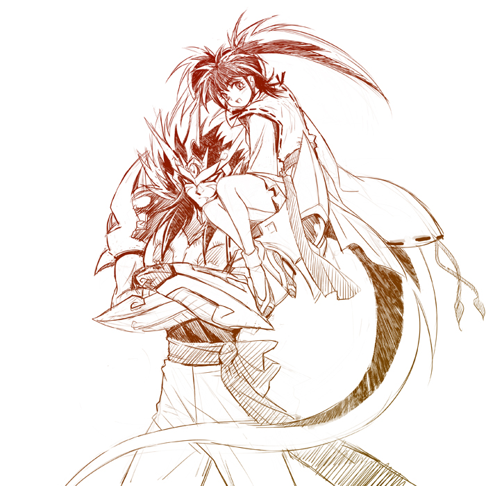 1girl artist_request bare_legs breasts crossed_arms dress enno_chiaki floating_hair japanese_clothes kishin_douji_zenki long_hair long_sleeves looking_at_viewer miko monochrome nontraditional_miko sash short_dress sitting sitting_on_person size_difference smile twintails very_long_hair zenki