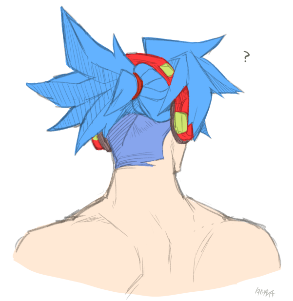 1boy ? back back_muscles blue_hair commentary_request flat_color galo_thymos hair_up headphones male_focus nude ponytail promare simple_background solo takatsuki_ichi white_background