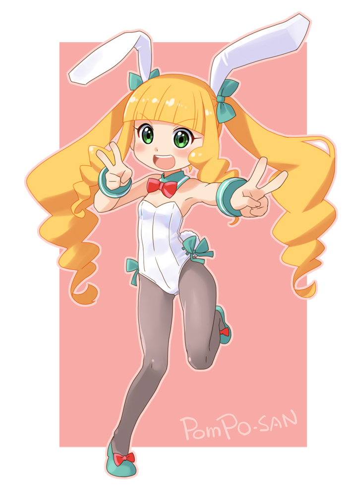 1girl animal_ears blonde_hair blunt_bangs bow bowtie character_name commentary_request detached_collar drill_hair eiga_daisuki_pompo-san green_eyes grey_pantyhose joelle_pomponett katahira_masashi leotard long_hair open_mouth pantyhose pink_background playboy_bunny rabbit_ears rabbit_tail red_bow red_bowtie round_teeth side-tie_leotard solo standing standing_on_one_leg strapless strapless_leotard tail teeth upper_teeth_only white_leotard wrist_cuffs