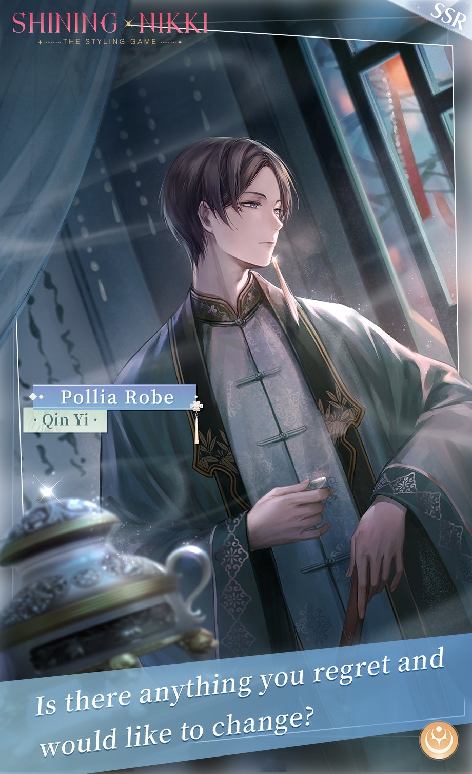 1boy artist_request bare_tree blue_sky brown_hair card_(medium) chinese_clothes closed_mouth commentary copyright_name cowboy_shot cup curtains day earrings english_commentary english_text expressionless folded_fan folding_fan green_robe hand_fan hanfu highres holding holding_cup holding_fan incense_burner indoors jewelry lattice light_frown logo long_sleeves male_focus marking_on_cheek nikki_(series) official_art qin_yi robe second-party_source shining_nikki short_hair single_earring sky smoke solo standing tassel tassel_earrings tree white_hanfu wide_sleeves wind_chime