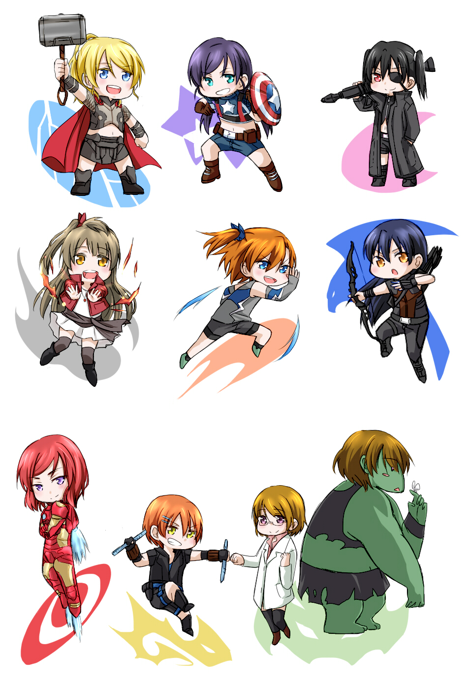 10s 6+girls :d animification armor arrow_(projectile) avengers:_age_of_ultron avengers_(series) ayase_eli black_hair black_widow black_widow_(cosplay) blonde_hair blue_eyes bow_(weapon) brown_eyes brown_hair bruce_banner_(cosplay) captain_america captain_america_(cosplay) chibi colored_skin cosplay eyepatch fingerless_gloves glasses gloves green_skin grin hair_ornament hairclip hammer hawkeye_(marvel) hawkeye_(marvel)_(cosplay) highres holding holding_bow_(weapon) holding_weapon hoshizora_rin hulk hulk_(cosplay) iron_man iron_man_(cosplay) koizumi_hanayo kosaka_honoka long_hair love_live! love_live!_school_idol_project low_twintails marvel marvel_cinematic_universe midriff minami_kotori mjolnir_(marvel) multiple_girls muscular muscular_female navel nick_fury nick_fury_(cosplay) nishikino_maki open_mouth orange_hair parody ponytail power_armor pun purple_eyes quicksilver_(cosplay) quicksilver_(marvel) quiver red_eyes red_hair rocket_launcher rpg_(weapon) scarlet_witch scarlet_witch_(cosplay) shield short_hair shorts side_ponytail smile sonoda_umi stc thor_(marvel) thor_(marvel)_(cosplay) tojo_nozomi twintails weapon yazawa_nico