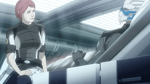 alien animated animated_gif commander_shepard commander_shepard_(female) facial_mark garrus_vakarian holding_hands mass_effect_(series) on_bed tumblr turian wei