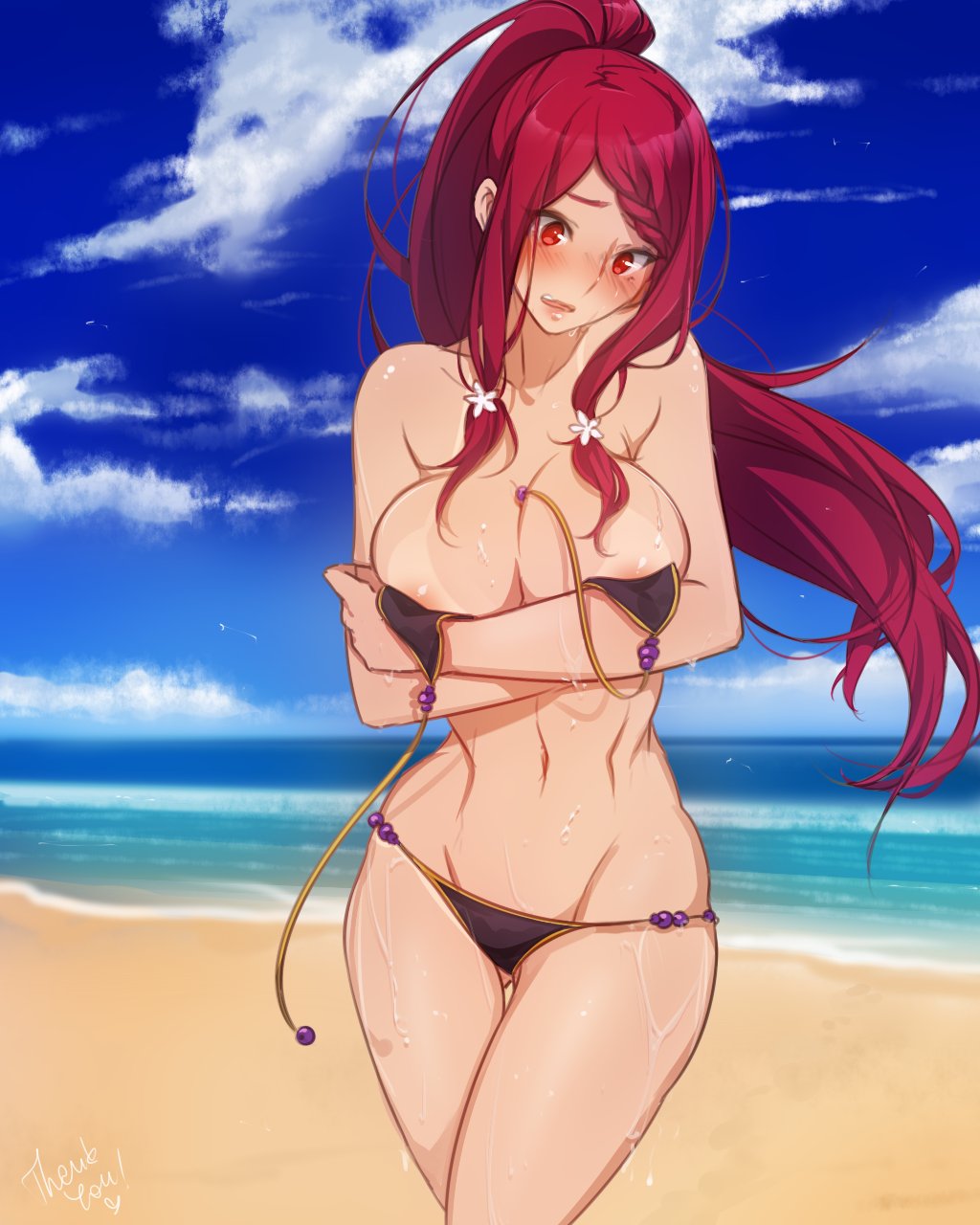 1girl areola_slip bare_shoulders beach bikini blazblue blush braid breasts cloud covering_breasts covering_privates day female_focus groin highres izayoi_(blazblue) large_breasts long_hair navel open_mouth ponytail red_eyes red_hair sky solo standing swimsuit tusia wardrobe_malfunction wet