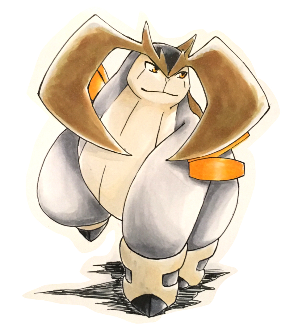 5651030905 creature full_body gen_5_pokemon horns legendary_pokemon looking_to_the_side nintendo no_humans pokemon pokemon_(creature) smile solo terrakion traditional_media walking yellow_eyes