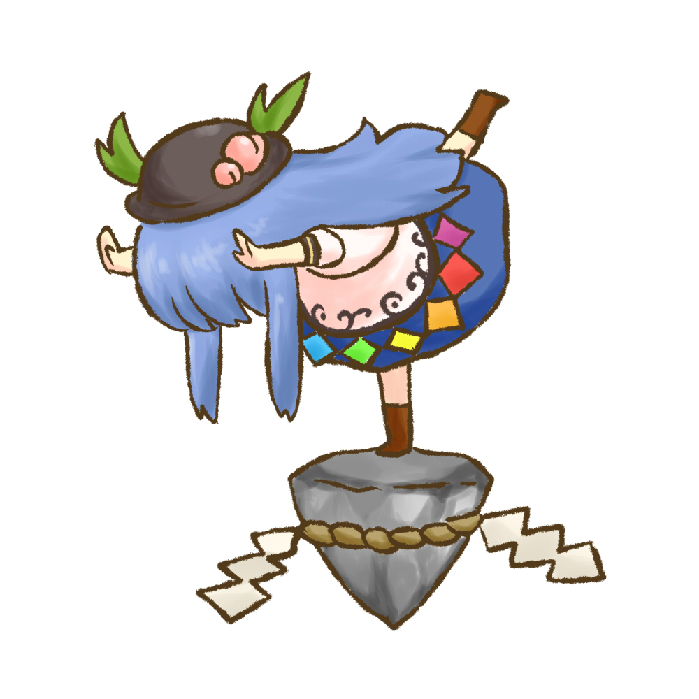 1girl balancing batta_(ijigen_debris) blue_hair boots female_focus food fruit full_body hat hinanawi_tenshi kaname-ishi leg_up long_hair outstretched_hand patalliro! peach simple_background solo touhou