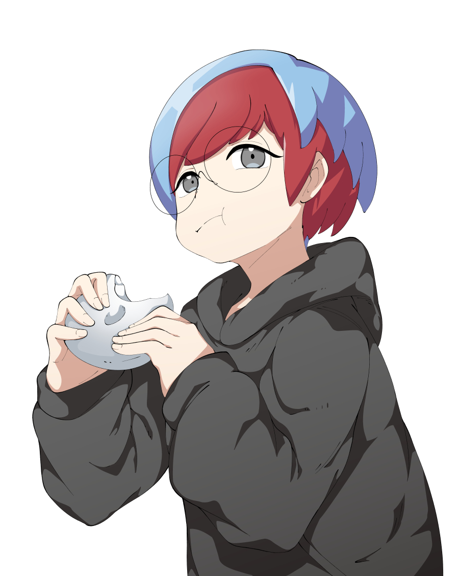 1girl :t black_hoodie blue_hair closed_mouth commentary_request eating food glasses grey_eyes hands_up holding holding_food hood hood_down hoodie long_sleeves looking_to_the_side mochi multicolored_hair nintendo penny_(pokemon) pokemon pokemon_sv red_hair round_eyewear solo tonu_(aobatonu) two-tone_hair upper_body white_background