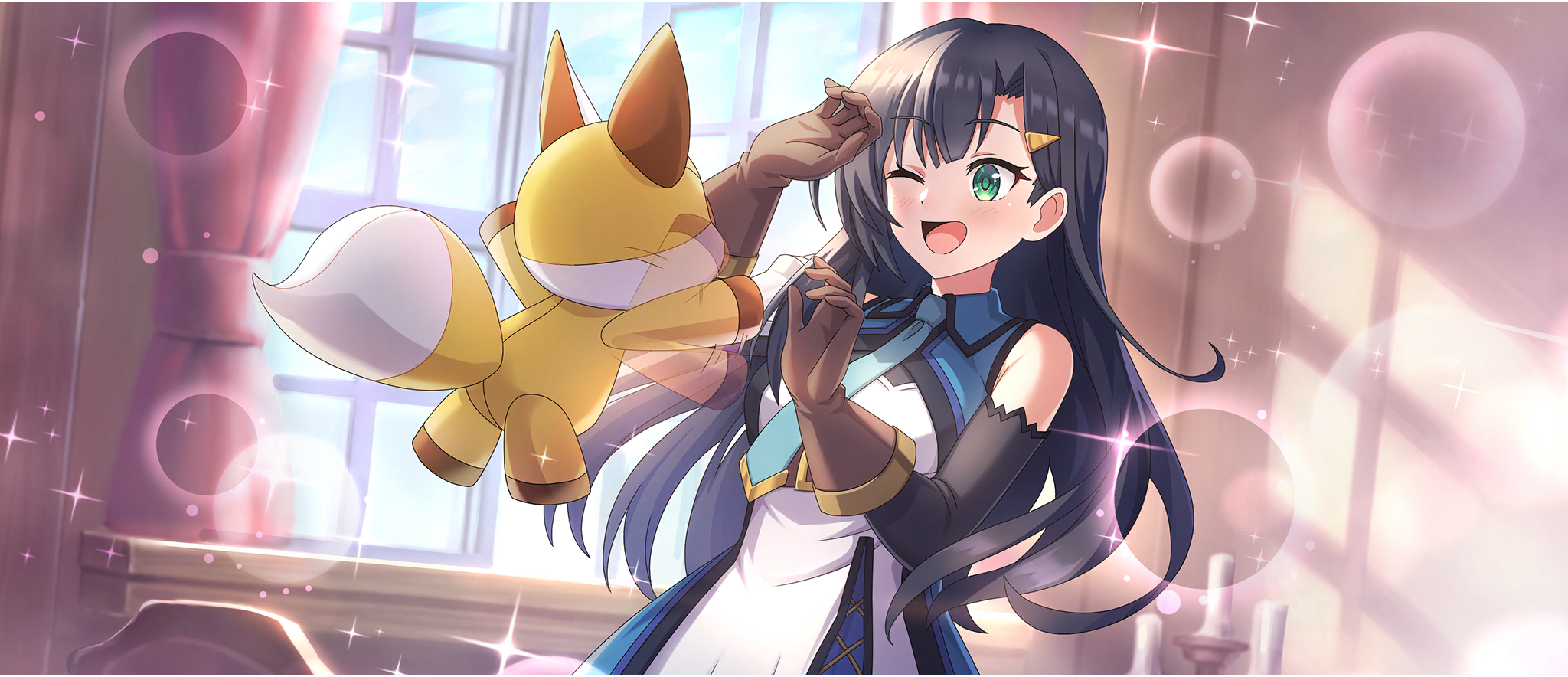 1girl armor bare_shoulders belt belt_around_waist black_hair black_sleeves blue_necktie blue_skirt breasts brown_belt brown_gloves detached_sleeves game_cg gloves green_eyes hair_ornament hairclip happy highres indoors kon_jiro kono_subarashii_sekai_ni_shukufuku_wo! konosuba!_fantastic_days lia_(konosuba) light_blush long_hair medium_breasts necktie official_art one_eye_closed shirt shoulder_armor skirt sleeveless sleeveless_shirt stuffed_toy white_shirt