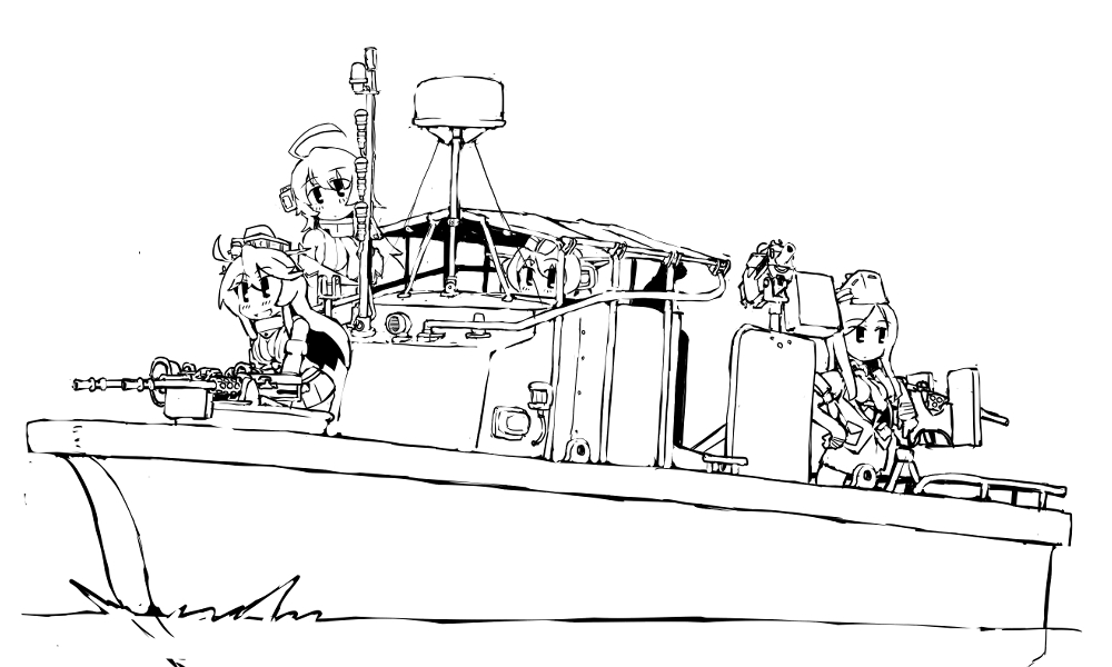 4girls :o ahoge automatic_grenade_launcher boat browning_m2 collar colorado_(kancolle) crew-served_weapon greyscale gun gun_shield gunboat headgear heavy_machine_gun iowa_(kancolle) kantai_collection long_hair looking_at_viewer machine_gun metal_collar mk_19_grenade_launcher monochrome multiple_girls on_boat patrol_boat_river_(pbr) ship_turret short_hair short_sleeves smile south_dakota_(kancolle) task_(s_task80) washington_(kancolle) watercraft weapon white_background