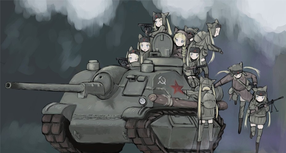 6+girls animal_ears assault_gun backpack bad_id bad_pixiv_id bag blonde_hair caterpillar_tracks degtyaryov_machine_gun dp-27 drum_magazine gun high-capacity_magazine light_machine_gun machine_gun magazine_(weapon) mars_expedition military military_uniform military_vehicle motor_vehicle multiple_girls pan_magazine ppsh-41 randoseru red_star self-propelled_artillery soviet star_(symbol) su-100 submachine_gun tank tank_destroyer thighhighs turretless_tank twintails vehicle weapon world_war_ii y_(khakiyawn)
