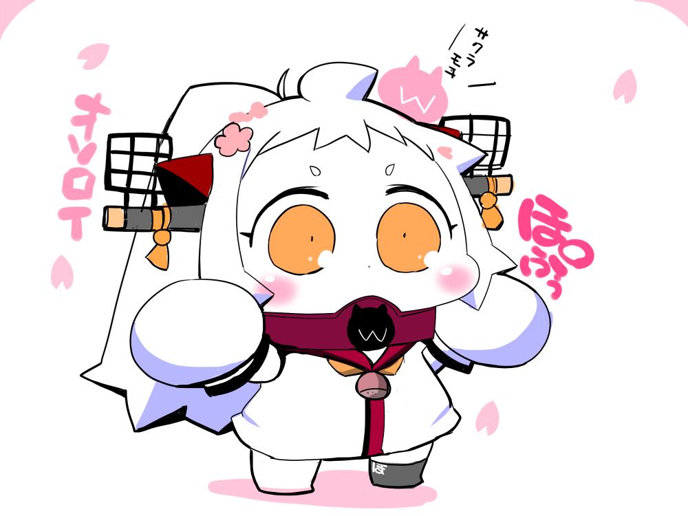 1girl acorn ahoge arms_up blush_stickers chibi collar comic commentary_request cosplay covered_mouth dress enemy_aircraft_(kancolle) female_focus flower hair_flower hair_ornament headgear horns kantai_collection long_hair mittens northern_ocean_princess orange_eyes petals ponytail sako_(bosscoffee) single_thighhigh sitting sitting_on_head sitting_on_person sleeveless sleeveless_dress solo standing thighhighs translation_request white_hair white_mittens yamato_(kancolle) yamato_(kancolle)_(cosplay)