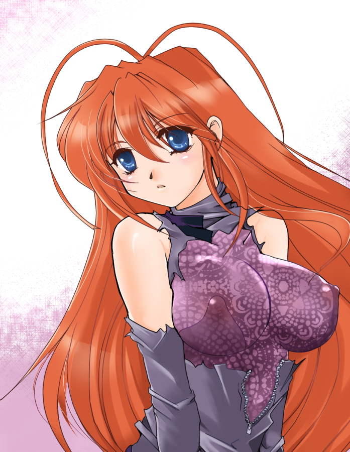 1girl antenna_hair bad_id bad_pixiv_id bare_shoulders blue_eyes breasts copyright_request covered_erect_nipples detached_sleeves female_focus kusano_gurima large_breasts long_hair red_hair see-through_clothes solo torn_clothes