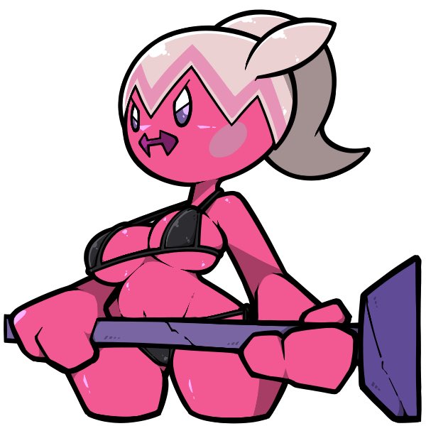 1girl bare_arms bare_shoulders bikini black_bikini breasts colored_skin groin medium_breasts micro_bikini multicolored_hair name_omoitukan2 navel nintendo open_mouth pink_hair pink_skin pokemon pokemon_(creature) ponytail purple_eyes shiny_skin short_hair simple_background solo swimsuit thick_lineart tinkatuff two-tone_hair underboob white_background white_hair
