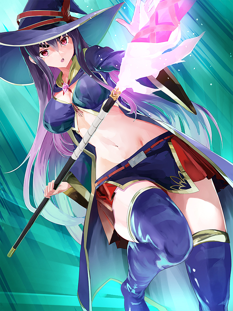 1girl black_boots black_coat black_hair black_hat black_skirt black_vest boots breasts coat commentary_request cowboy_shot finfia green_background hat holding holding_staff yihdra_arvoln large_breasts long_hair looking_at_viewer mage_staff miniskirt multicolored_hair navel purple_eyes purple_hair sentai_red_ga_isekai_de_boukensha_ni_naru skirt solo staff standing standing_on_one_leg thigh_boots two-tone_hair vest witch_hat