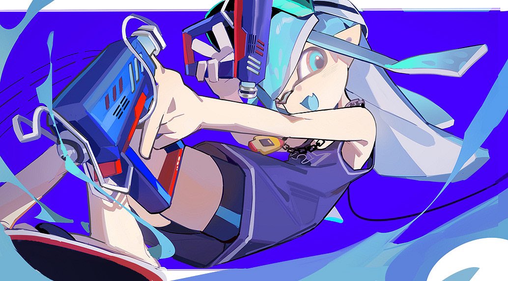 1boy bike_shorts blue_background blue_eyes blue_hair blue_shirt commentary_request dual_wielding fang glooga_dualies_(splatoon) gun holding holding_gun holding_weapon inkling inkling_boy inkling_player_character jewelry long_hair necklace nintendo one_eye_closed open_mouth pointy_ears shirt skin_fang sleeveless sleeveless_shirt solo splatoon_(series) splatoon_3 suymix320 tentacle_hair v weapon