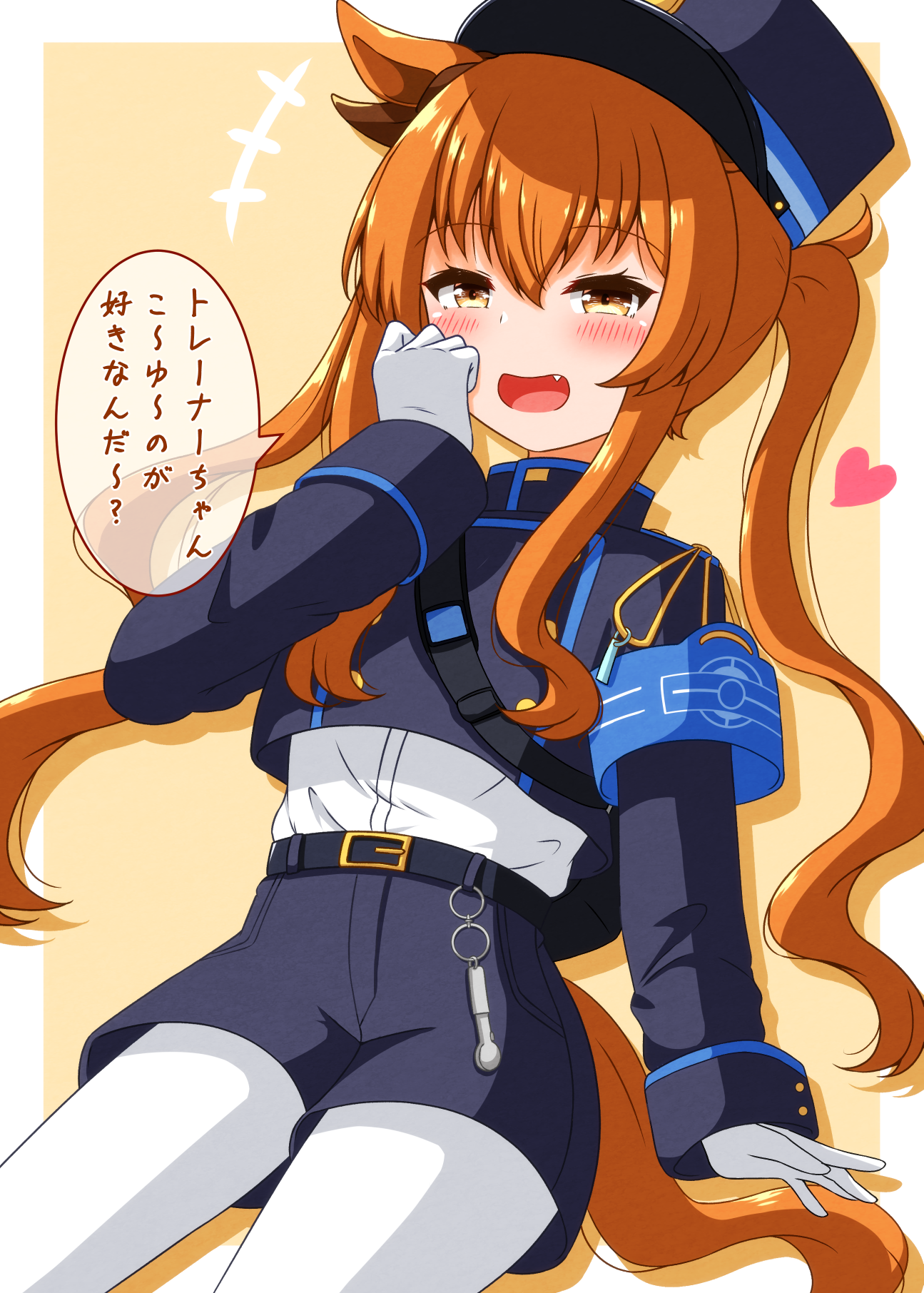 1girl alternate_costume animal_ears armband azuma_satsuki belt blue_archive blush breasts commentary_request cosplay gloves hat heart highres horse_ears horse_girl mayano_top_gun_(umamusume) nozomi_(blue_archive) nozomi_(blue_archive)_(cosplay) open_mouth orange_eyes orange_hair shorts simple_background smug solo translation_request twintails umamusume voice_actor_connection