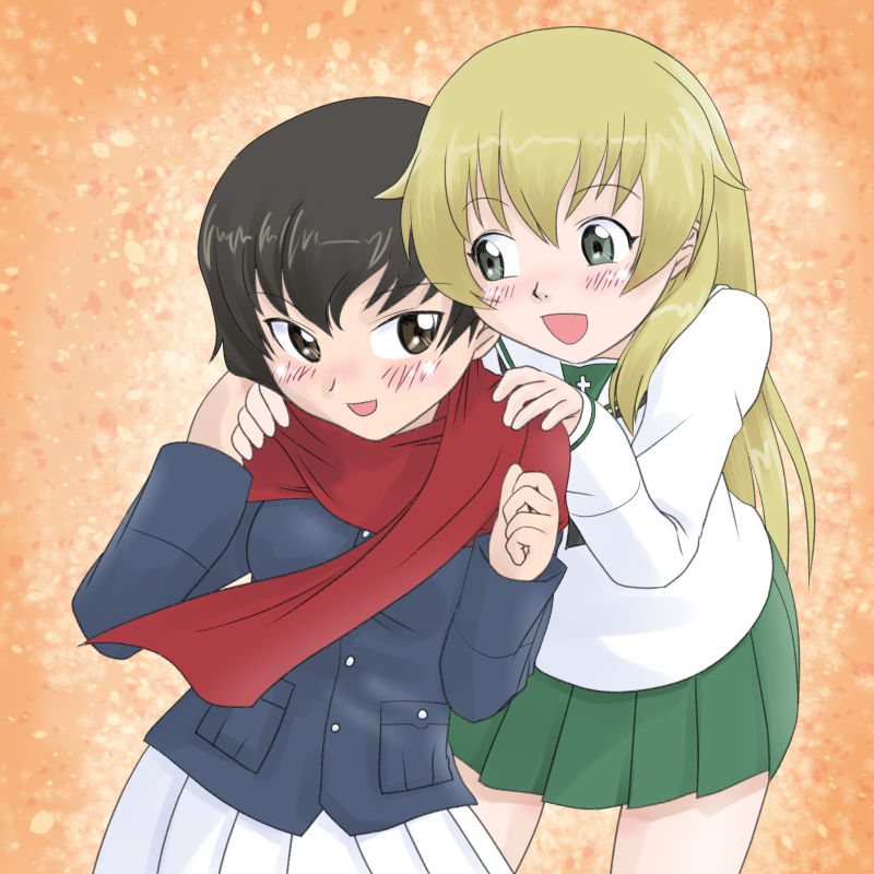 2girls alternate_costume black_neckerchief blonde_hair blue_jacket breasts brown_eyes brown_hair caesar_(girls_und_panzer) carpaccio_(girls_und_panzer) girls_und_panzer green_eyes green_skirt hands_on_another&#039;s_shoulders hands_up jacket long_hair long_sleeves miniskirt multiple_girls neckerchief ooarai_military_uniform ooarai_school_uniform open_mouth orange_background pleated_skirt red_scarf scarf school_uniform serafuku short_hair skirt smile t_jiroo_(ringofriend) white_serafuku white_skirt yuri