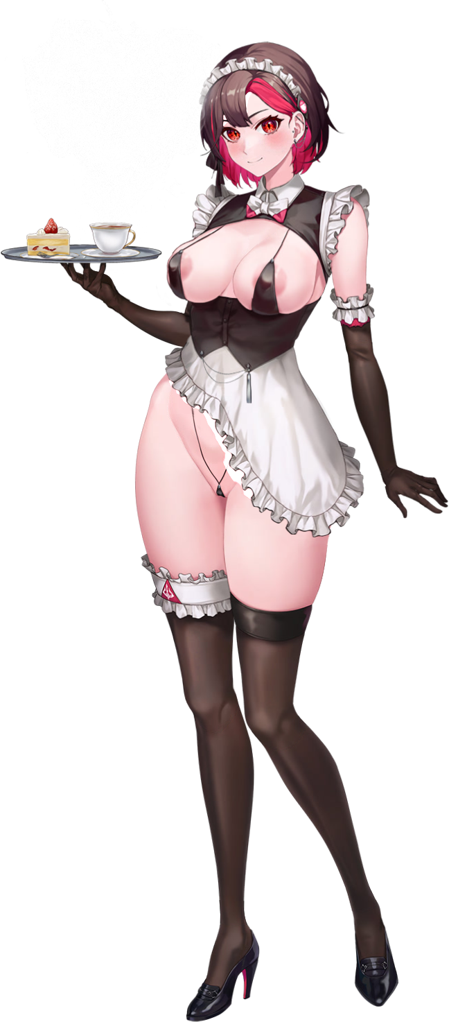 1girl apron areola_slip armband bikini black_bikini black_footwear black_gloves black_ribbon breasts brown_hair brown_thighhighs buttons cake cake_slice closed_mouth collar colored_inner_hair covered_erect_nipples cup d-log ear_piercing elbow_gloves food fork framed_breasts frilled_apron frilled_armband frilled_thighhighs frills fruit full_body game_cg gloves high_heels highleg highleg_bikini highres holding holding_tray large_breasts last_origin looking_at_viewer maid maid_apron maid_bikini maid_headdress merlin_(last_origin) micro_bikini multicolored_hair multicolored_ribbon neck_ribbon official_alternate_costume official_art piercing pink_ribbon plate red_eyes red_hair revealing_clothes ribbon short_hair simple_background skindentation slit_pupils smile smoke smoke_heart solo strawberry strawberry_cake streaked_hair string_bikini swimsuit tachi-e teacup thighhighs third-party_source transparent_background tray two-tone_hair unconventional_maid underbust white_apron white_armband white_collar white_ribbon
