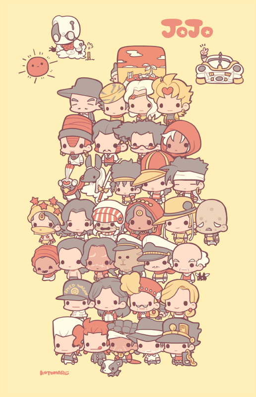 6+boys 6+girls alessi animal animal_print ankh anubis_(stand) bald balding bird black_hair black_headwear black_tank_top blonde_hair boingo bug character_request chibi chibi_only closed_eyes daniel_j._d&#039;arby devo_(character) dog dreadlocks earrings enya_geil everyone expressionless facial_hair fangs flattop fly forever_(jojo) freckles full_body gray_fly_(jojo) hat hol_horse hood iggy_(jojo) imposter_captain_tennille insect j._geil jean_pierre_polnareff jewelry jojo_no_kimyou_na_bouken joseph_joestar kakyoin_noriaki kenny_g kotorai kujo_holy kuujou_joutarou licking_lips liver_spots long_hair malena_(jojo) mannish_boy midler mohammed_avdol multiple_boys multiple_girls mustache n&#039;doul nukesaku oingo old old_man old_woman open_mouth overalls pet_shop red-tinted_eyewear red_hair red_hood red_shirt rubber_soul runaway_girl_(jojo) scar scar_on_chest sharp_teeth shirt short_hair signature smile solid_oval_eyes star_(symbol) stardust_crusaders sword tank_top teeth terence_t._d&#039;arby tiger_print tinted_eyewear tongue tongue_out vanilla_ice veil weapon white_hair white_overalls wilson_philips yellow_background yellow_headwear