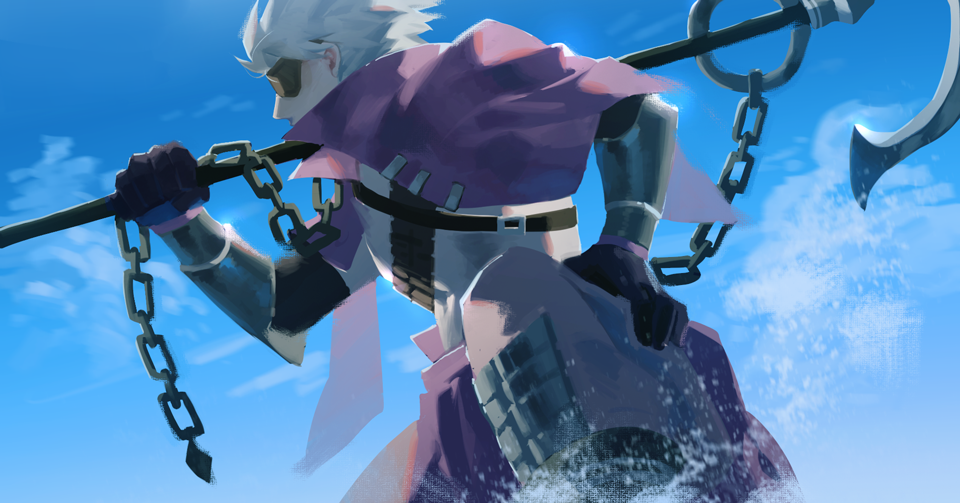 1boy anchor bayinxie black_gloves chousokabe_motochika_(sengoku_basara) covered_mouth eyepatch gloves hand_on_own_leg holding holding_anchor jacket jacket_on_shoulders male_focus no_shirt over_shoulder purple_jacket sengoku_basara solo weapon weapon_over_shoulder