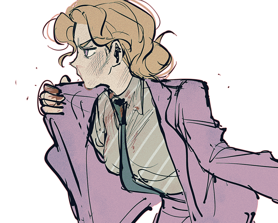 1girl blonde_hair blood blood_on_hands blue_necktie bruise bruise_on_face curtained_hair diagonal-striped_shirt diamond_wa_kudakenai from_side genderswap genderswap_(mtf) green_shirt hair_bun injury jacket jojo_no_kimyou_na_bouken kira_yoshikage long_sleeves malan necktie office_lady open_clothes open_jacket profile purple_eyes purple_jacket purple_skirt shirt sketch skirt solo white_background
