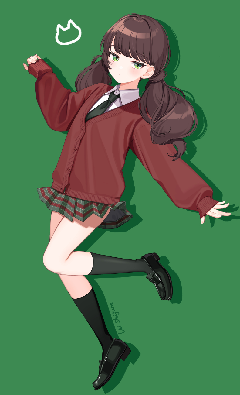 1girl black_shoes black_socks blunt_bangs brown_hair cardigan collared_shirt commentary_request expressionless foot_up full_body green_background green_eyes green_necktie green_skirt hand_up highres kneehighs loafers long_hair long_sleeves looking_at_viewer low_twintails miniskirt necktie original plaid_clothes plaid_skirt pleated_skirt red_cardigan school_uniform shadow shigure_ui shirt shoes simple_background skirt sleeves_past_wrists slit_pupils socks solo twintails white_shirt