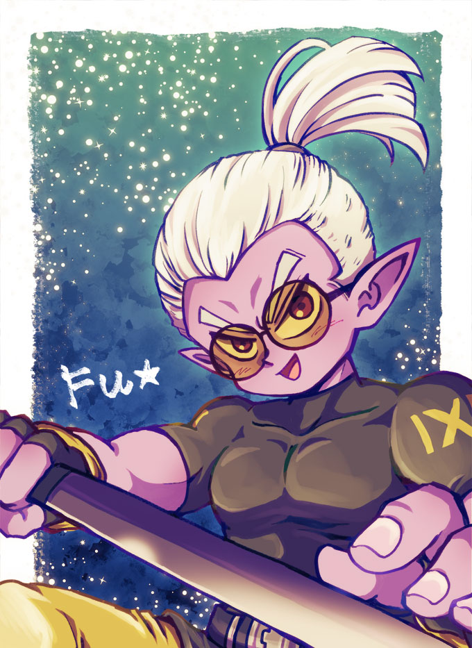 1boy belt black_belt border character_name commentary_request compression_shirt covered_pectorals dragon_ball dragon_ball_heroes dragon_ball_xenoverse fingerless_gloves fu_(dragon_ball) glasses gloves holding holding_sword holding_weapon looking_at_viewer male_focus muscular muscular_male ninjatou open_mouth pants pectorals pointy_ears ponytail red_eyes round_eyewear short_sleeves short_sword solo sword tinted_eyewear undercut v-shaped_eyebrows vespa_(kaiten69) weapon white_border white_hair yellow-tinted_eyewear yellow_pants