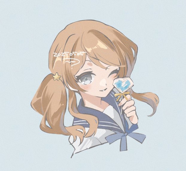 1girl assault_lily blue_ribbon blue_sailor_collar blush brown_hair candy commentary_request cropped_shoulders dated food grey_background grey_eyes hair_ornament hand_up holding holding_candy holding_food holding_lollipop iijima_renka lollipop long_hair looking_at_viewer low_side_ponytail nagi_(namae11x) neck_ribbon official_alternate_costume one_eye_closed parted_lips portrait ribbon sailor_collar shirt side_ponytail simple_background smile solo star_(symbol) star_hair_ornament white_shirt